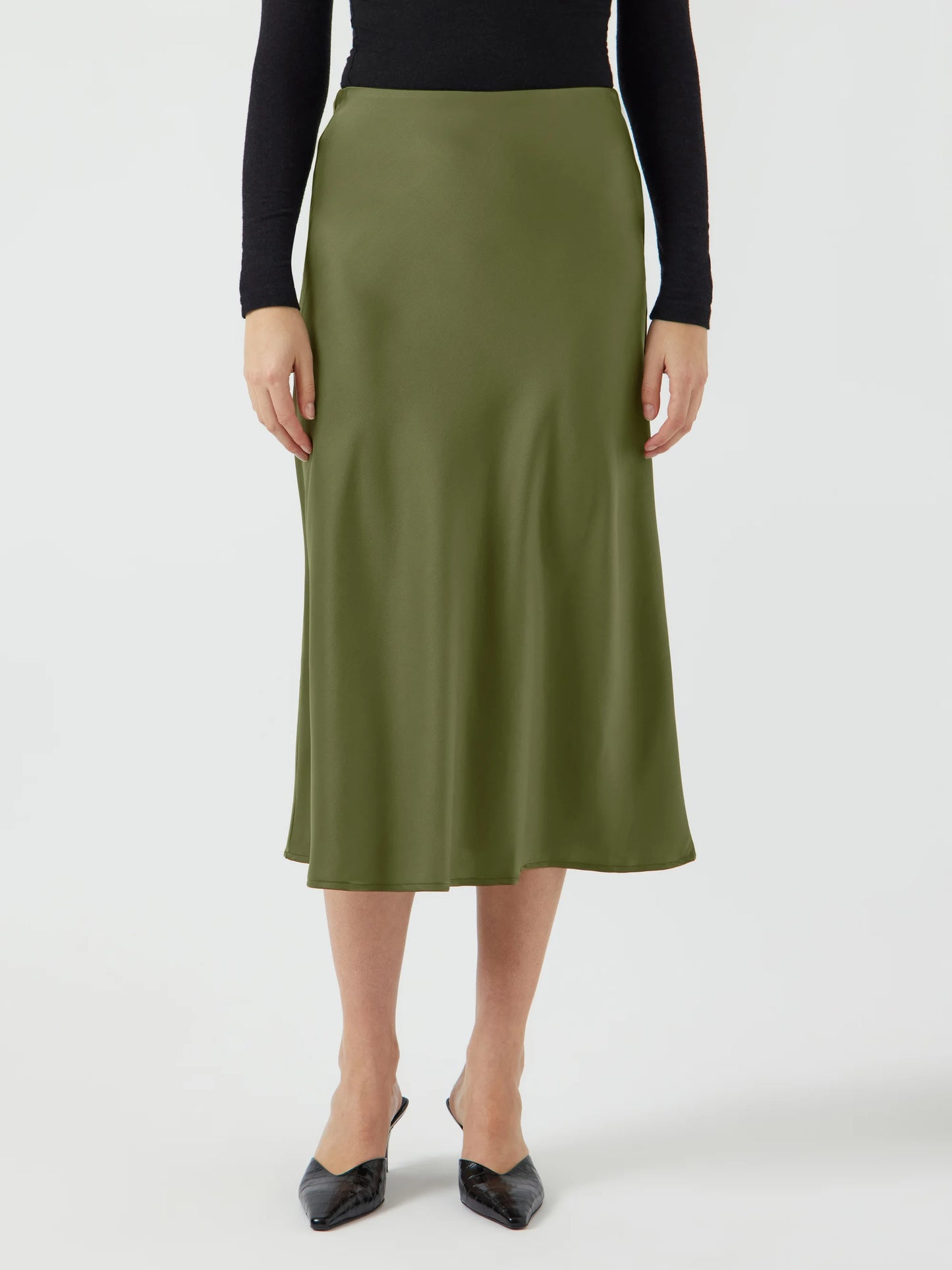 YASPELLA midi satin olive green slip skirt
