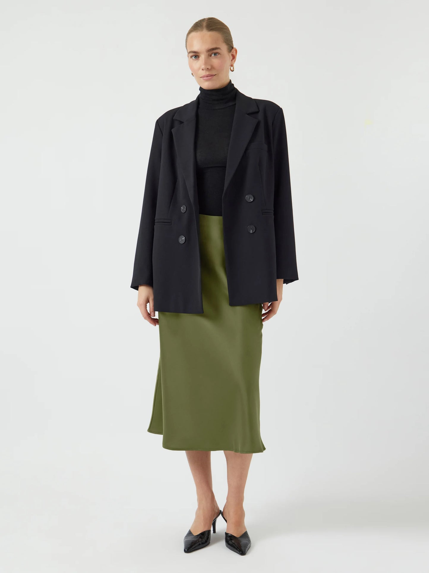 YASPELLA midi satin olive green slip skirt