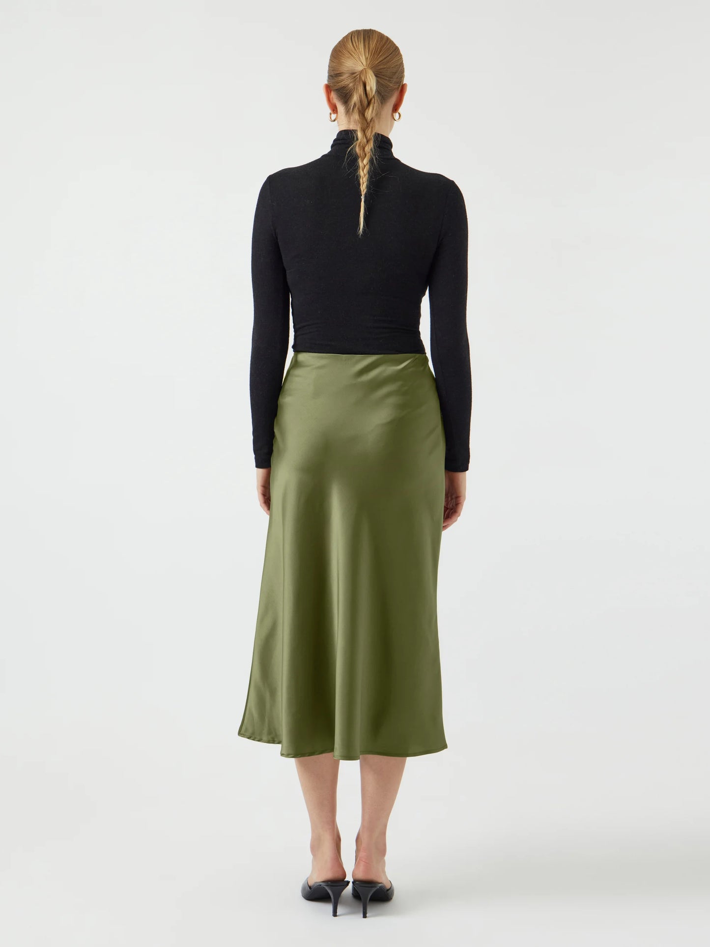 YASPELLA midi satin olive green slip skirt