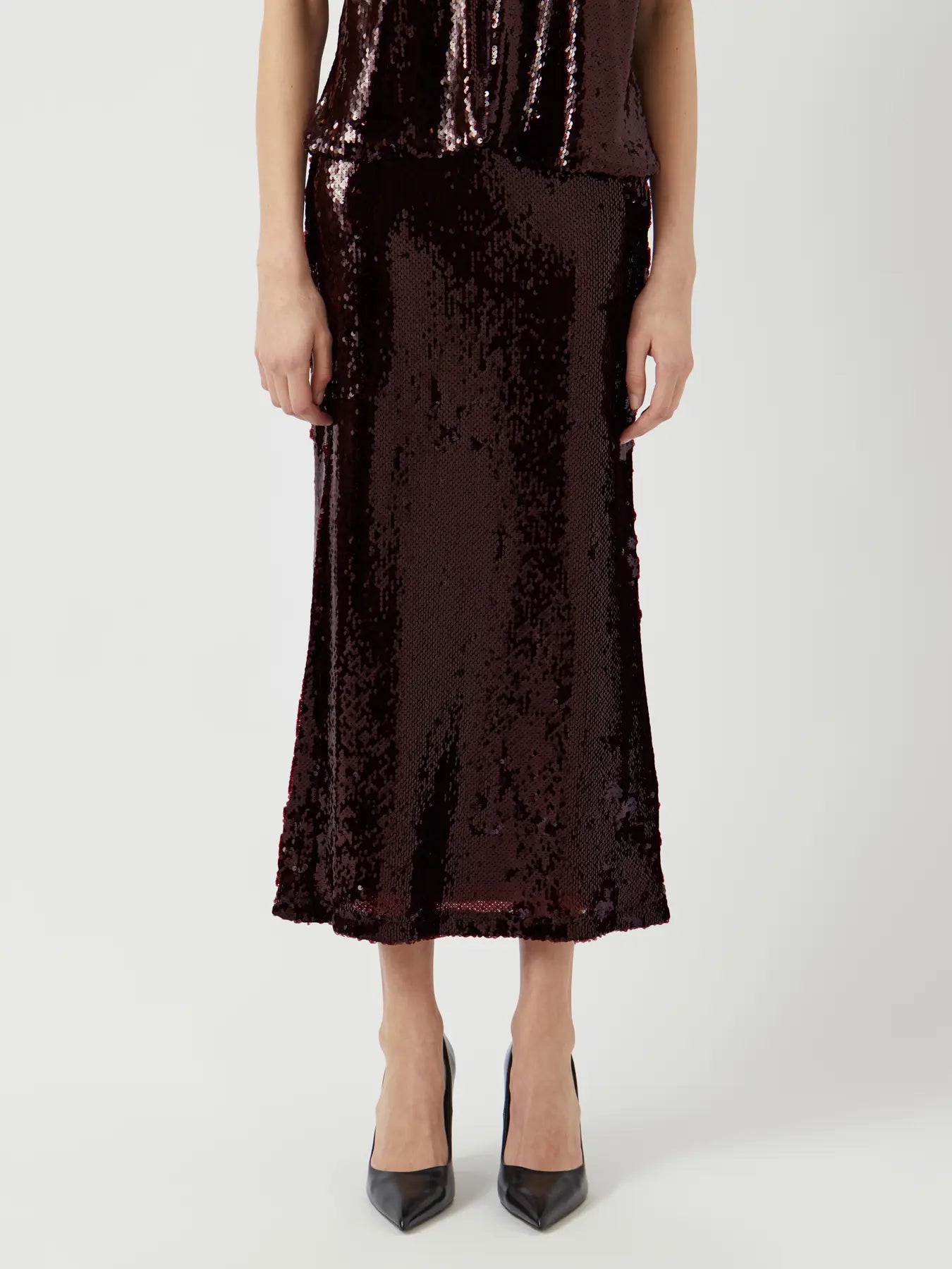 YASROYALINA BURGUNDY WET LOOK SEQUIN ANKLE SKIRT