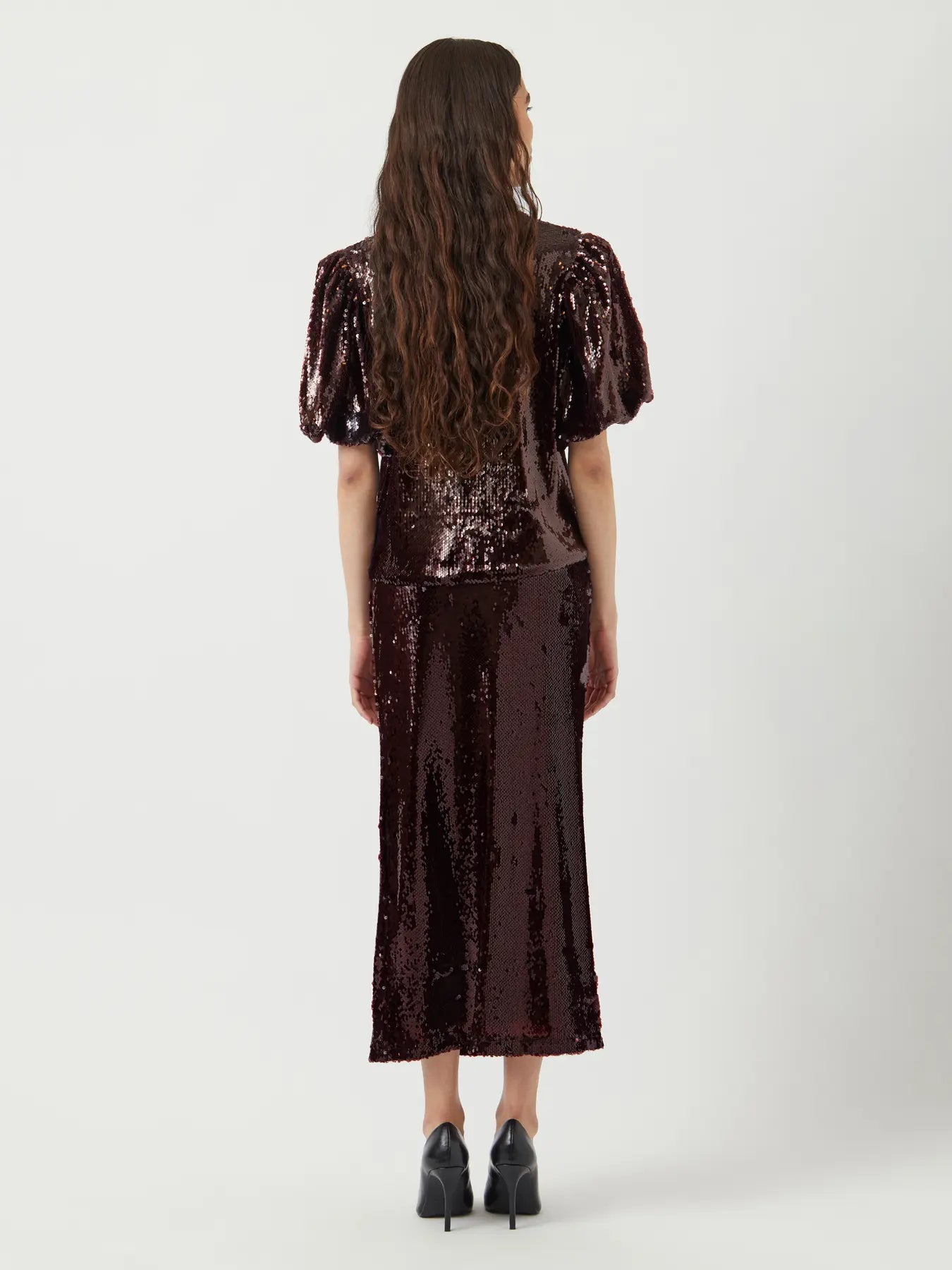 YASROYALINA BURGUNDY WET LOOK SEQUIN ANKLE SKIRT