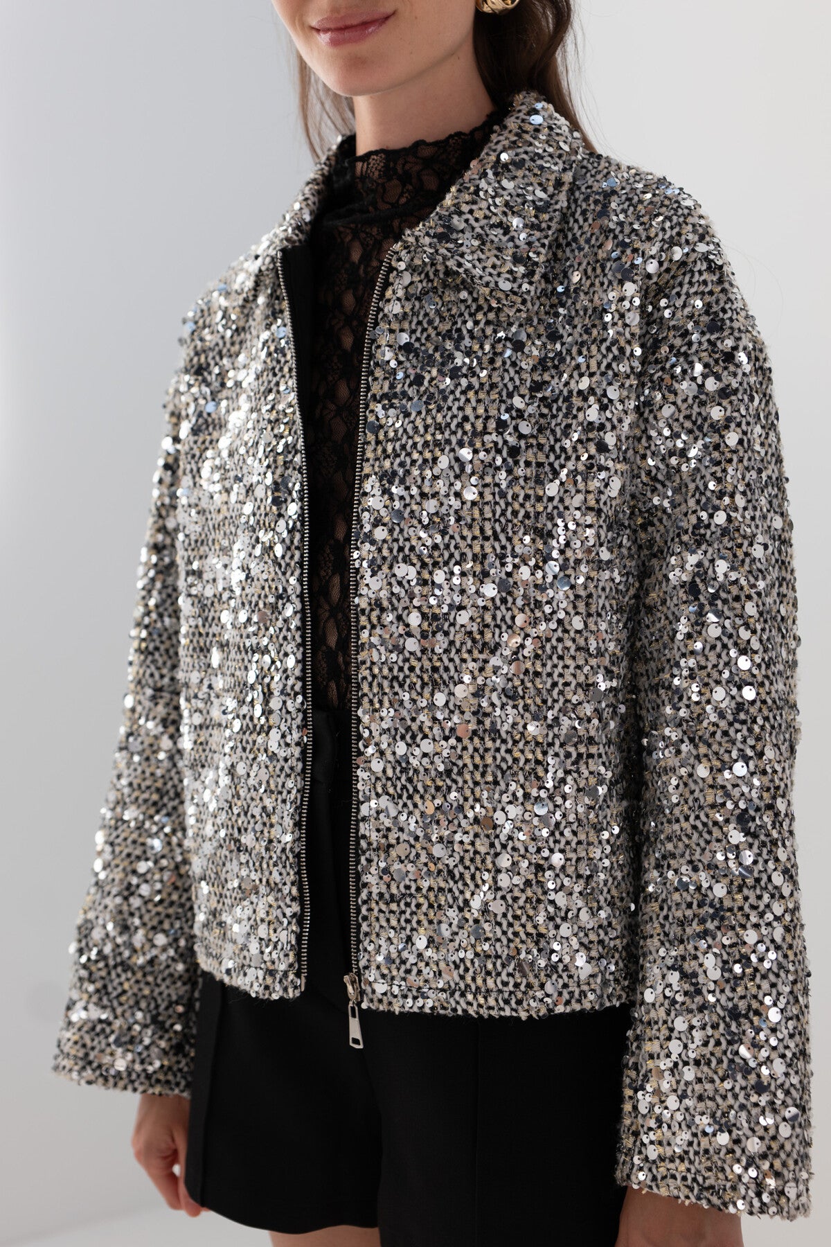 Bella silver cropped sequin jacket