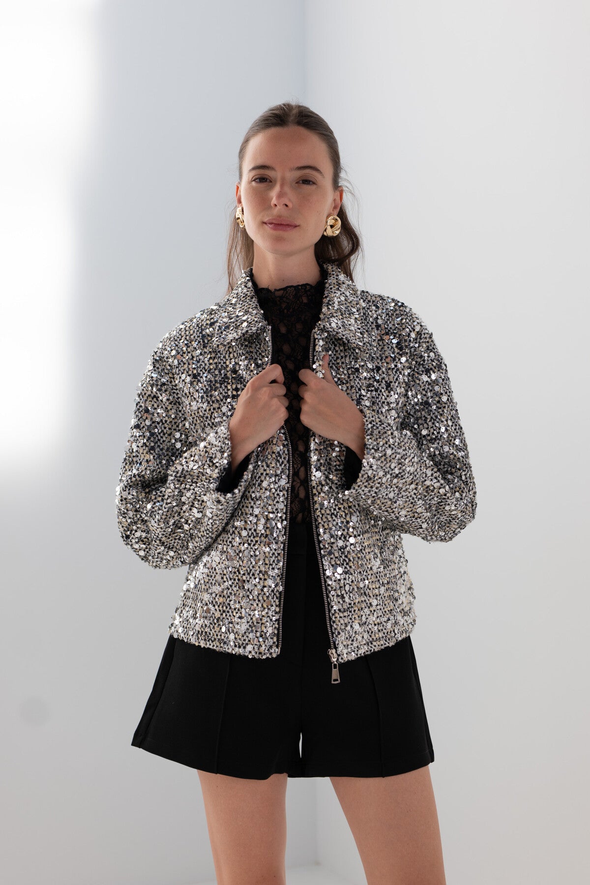 Bella silver cropped sequin jacket