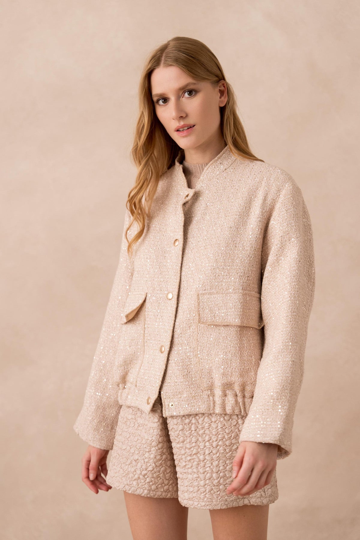 Clara nude sequin tweed bomber jacket