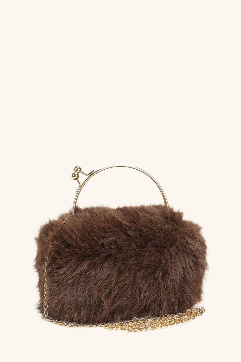 Chocolate brown faux fur gold handle clutch bag