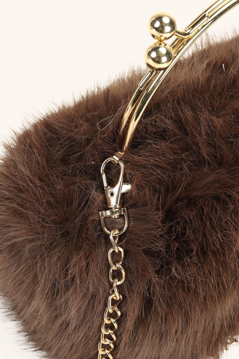 Chocolate brown faux fur gold handle clutch bag