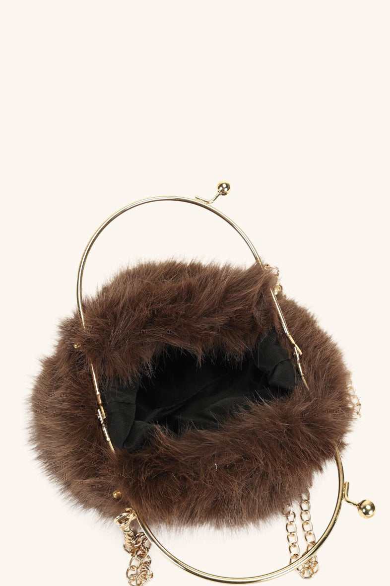 Chocolate brown faux fur gold handle clutch bag
