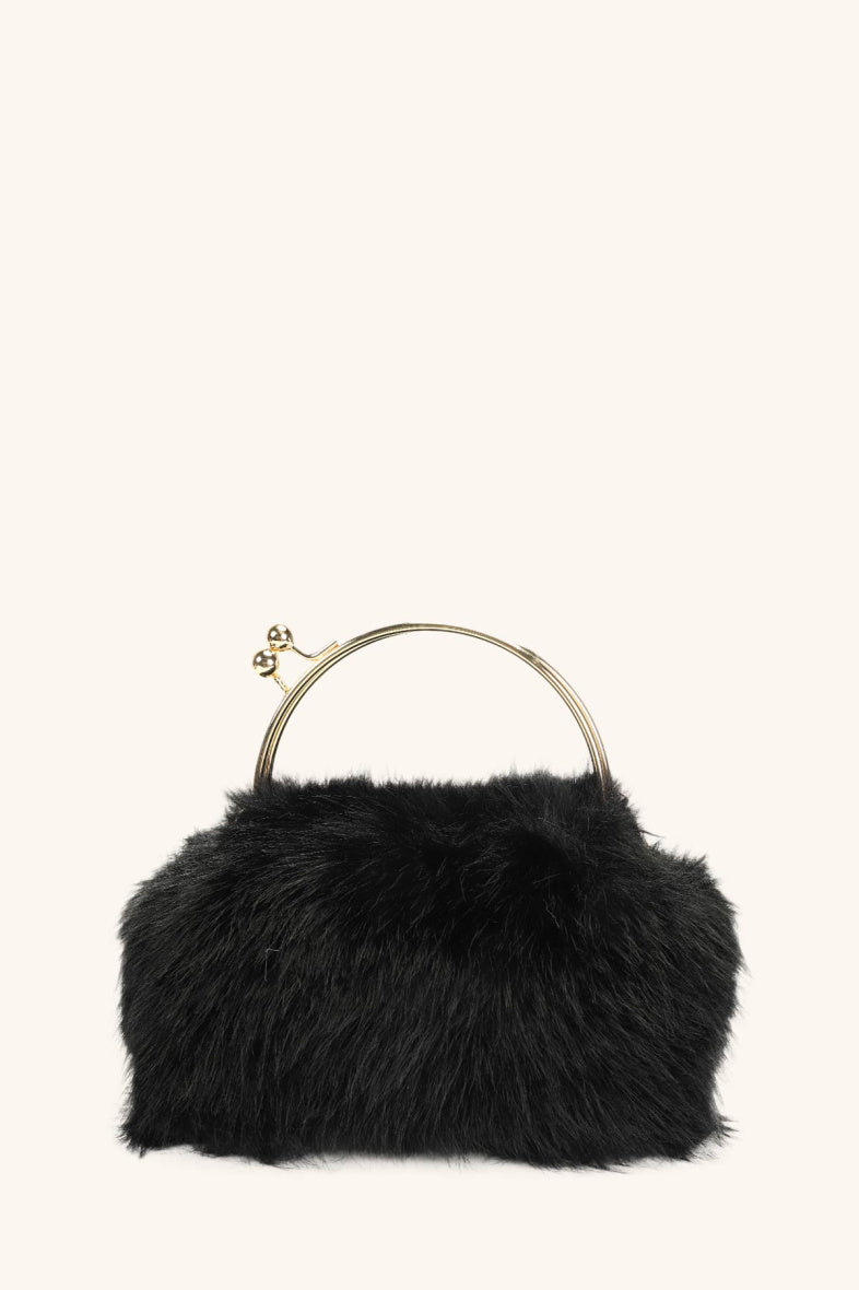 Black faux fur gold handle clutch bag