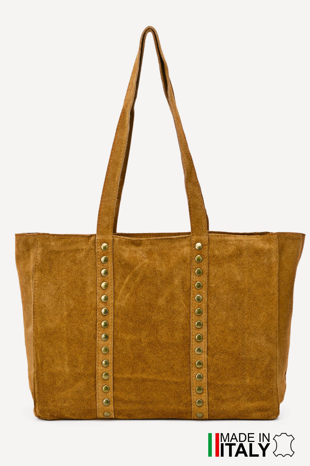 Camel real suede studded shopper handbag