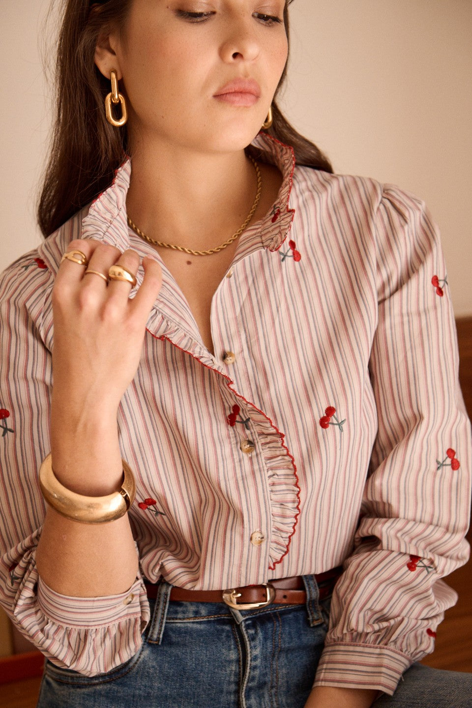 Collette cherry print stripe blouse