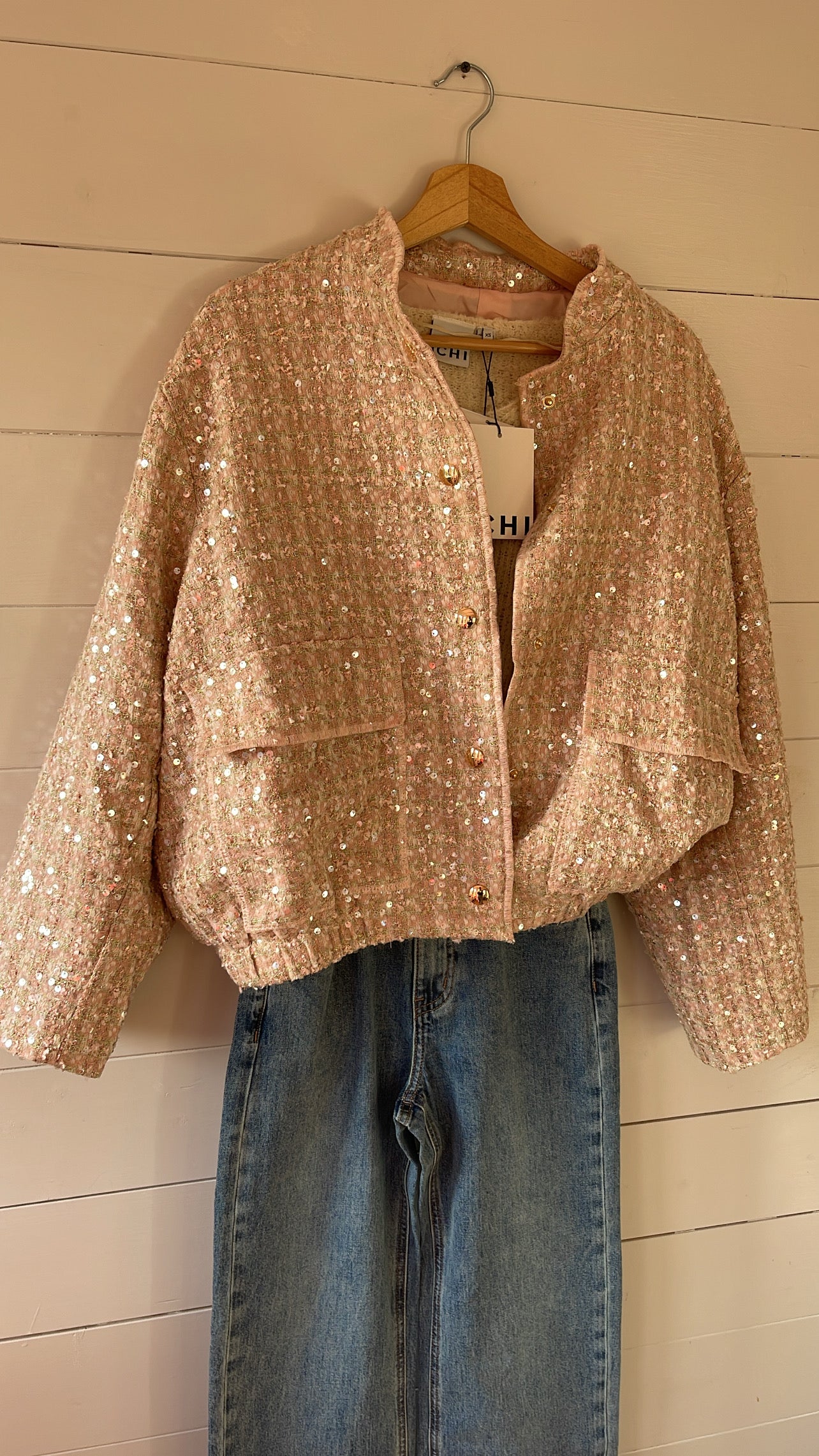 Olivia pink tweed sequin bomber