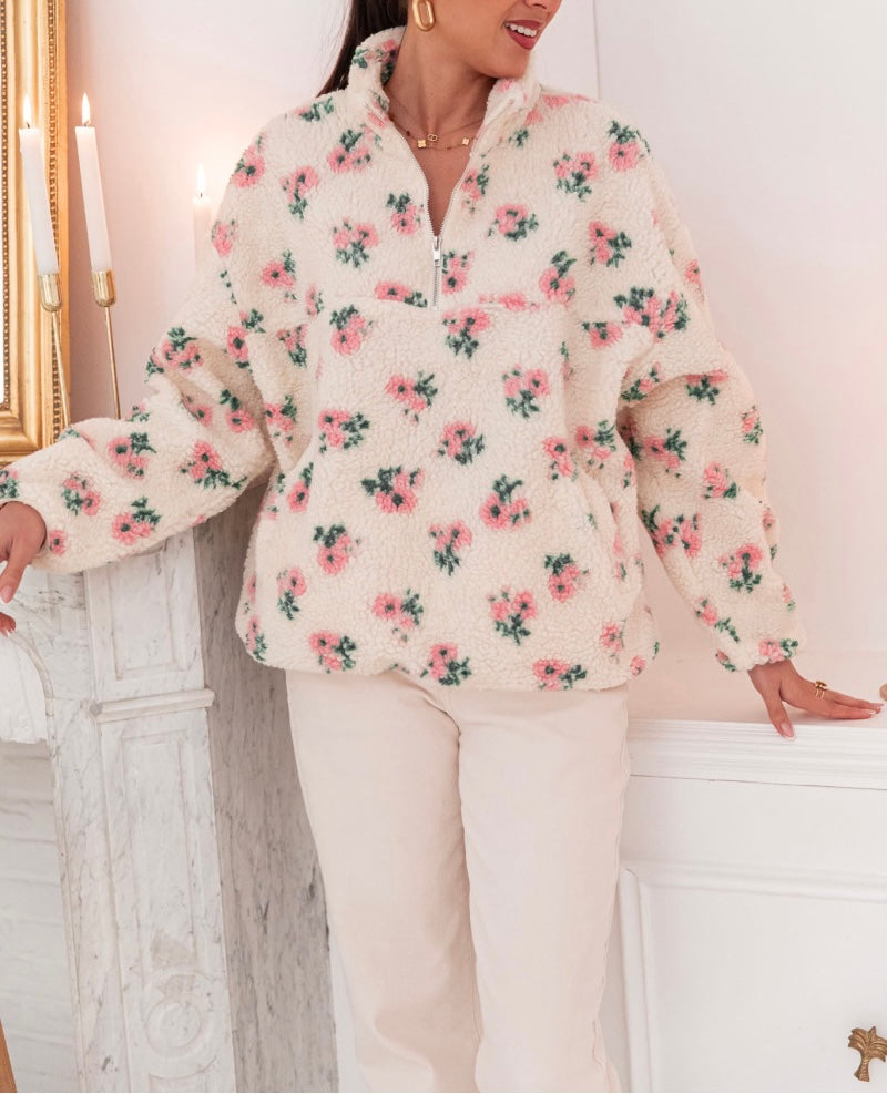 Fern pink floral Sherpa half zip fleece