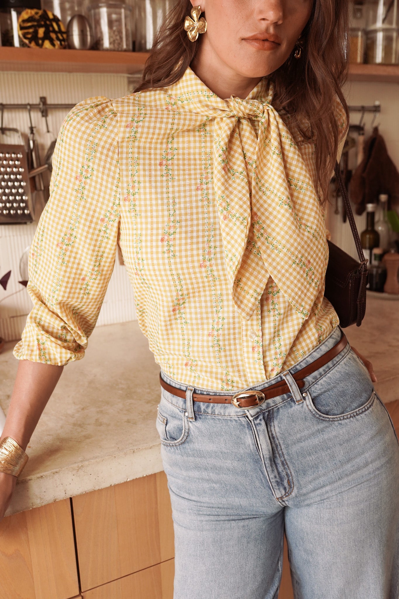 Maisie yellow bow tie gingham blouse
