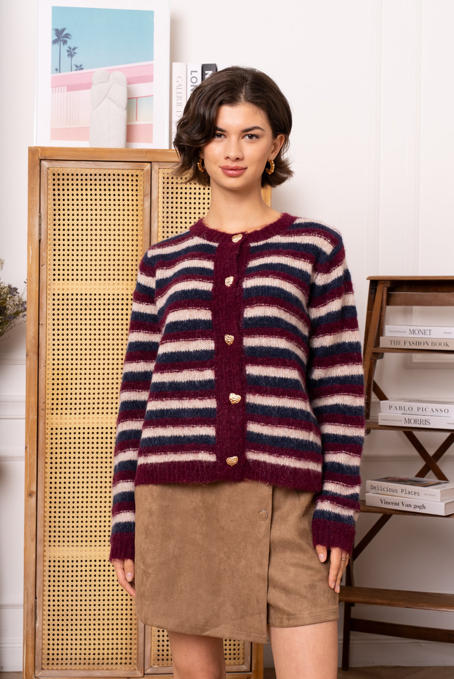 Eve gold heart button striped cardigan