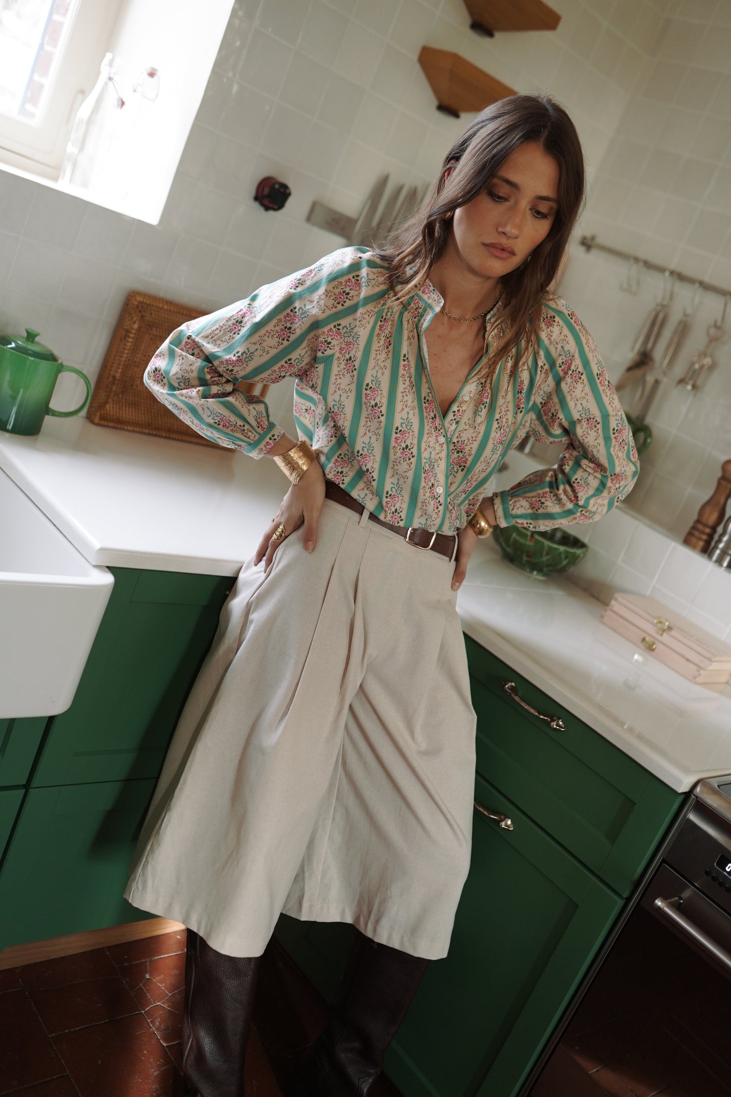 Zoe green stripe floral boho blouse