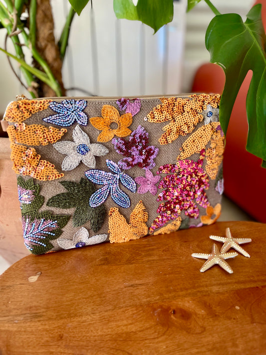 Blazing sun sequin floral clutch bag pouch
