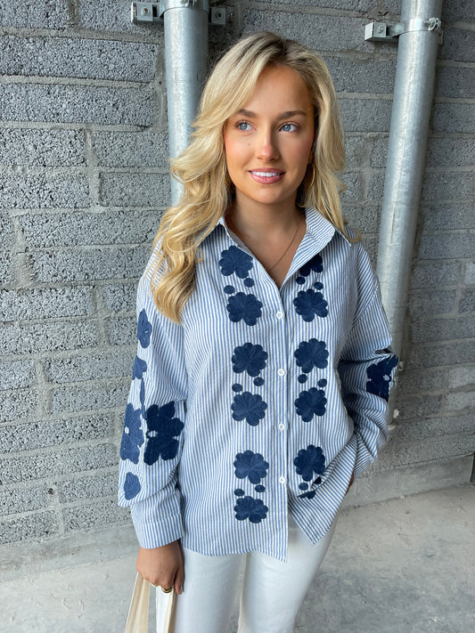 Lynn blue striped floral embroidery shirt