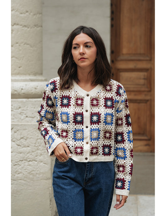 Camille burgundy and blue crochet cardigan