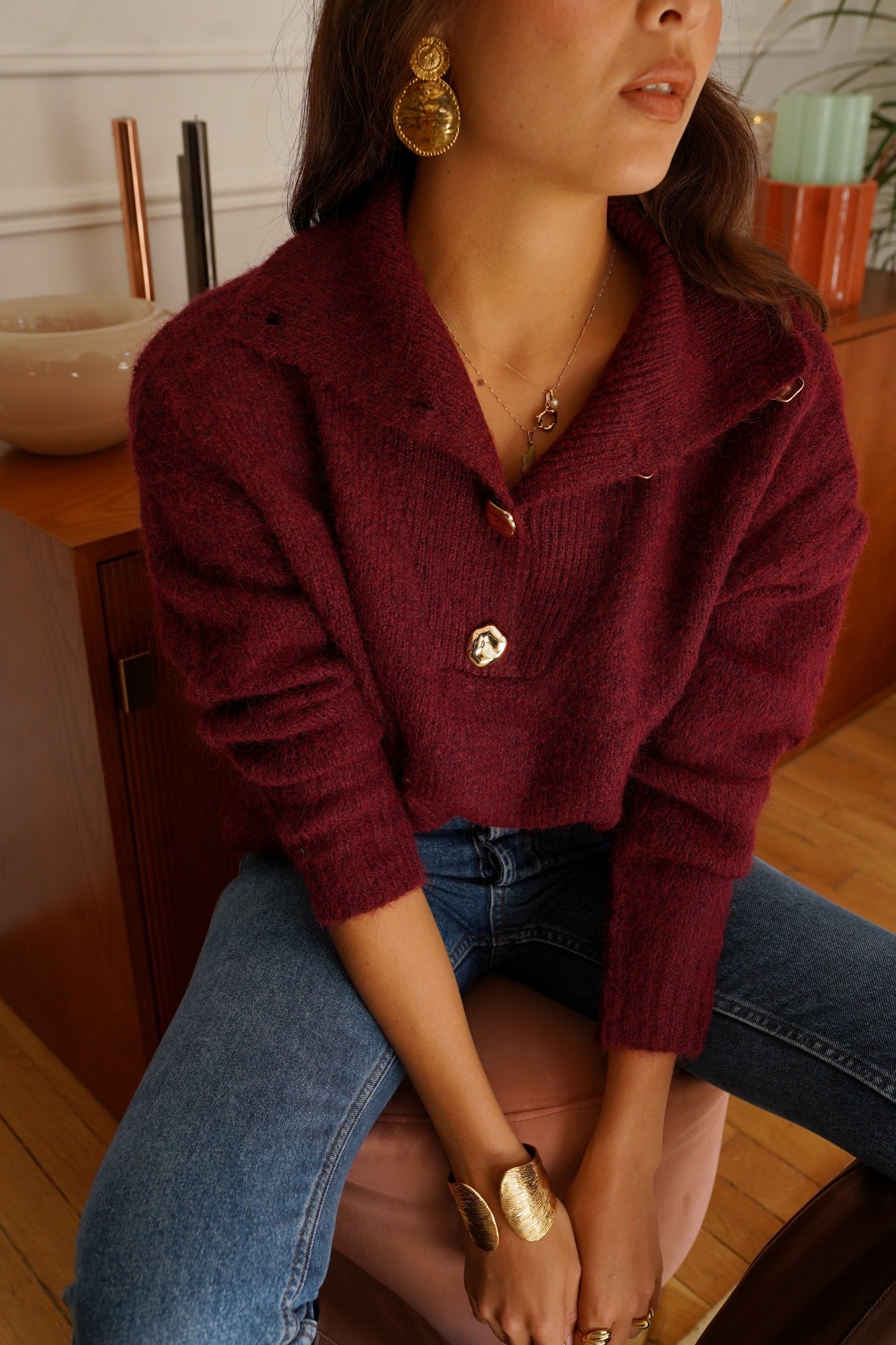 Amelia burgundy gold button polo neck jumper