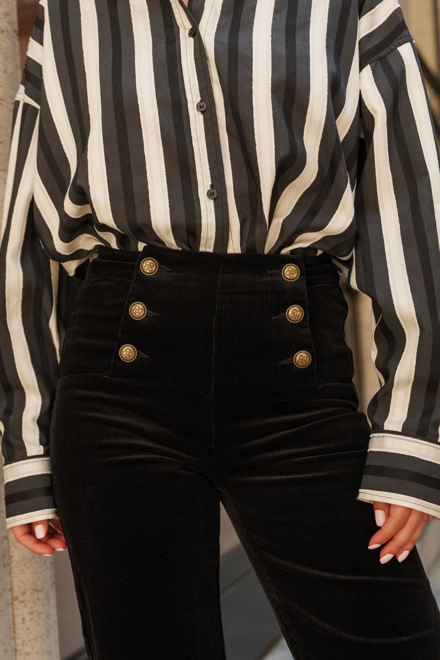 Victo Wide leg black cords with gold front buttons