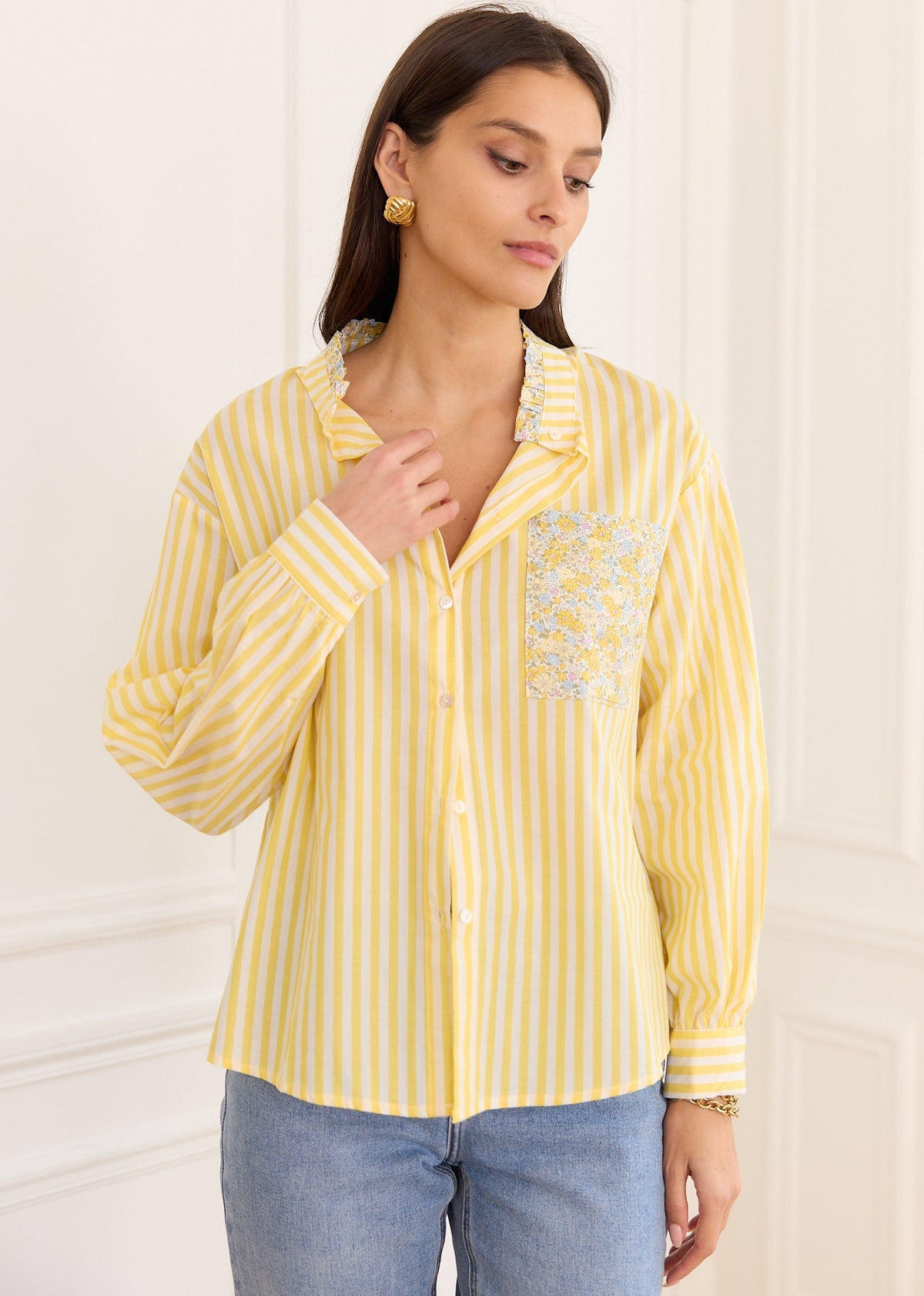 Mila yellow striped floral pocket shirt