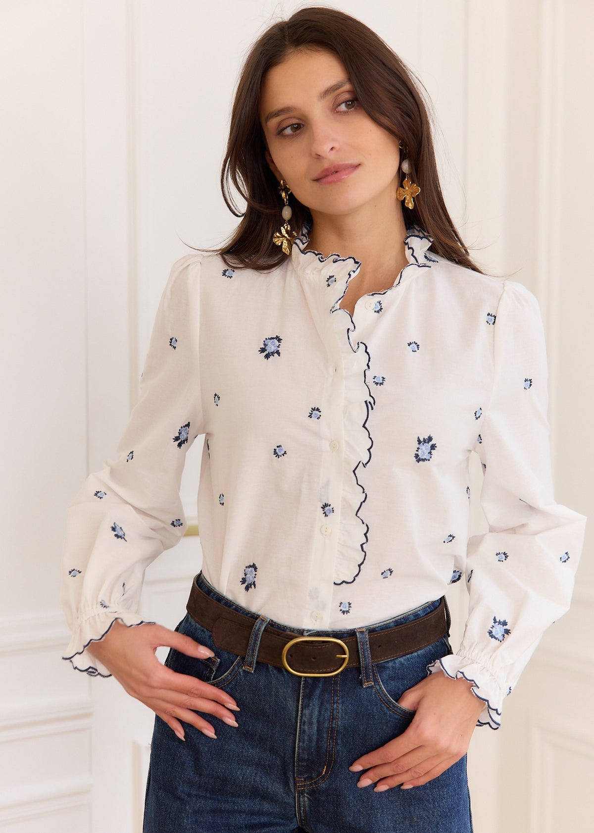 Poppy blue trim white floral blouse