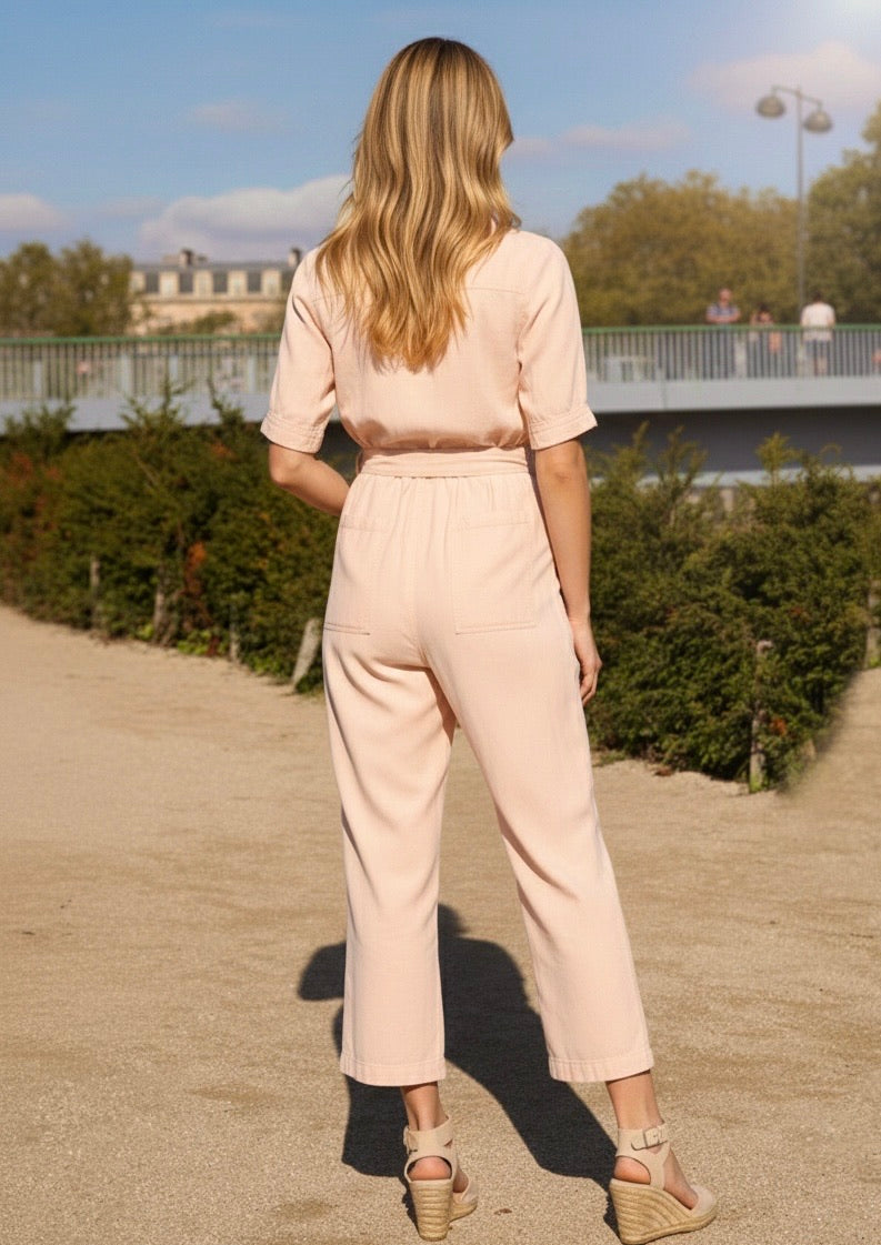 Thalia washed peachy pink denim jumpsuit