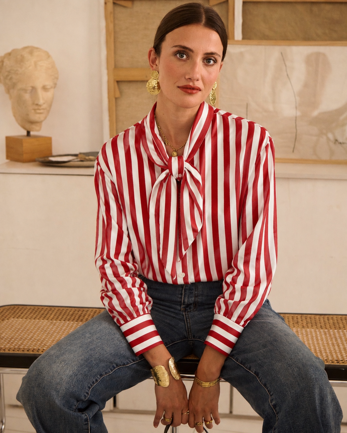 Kylie red striped bow blouse