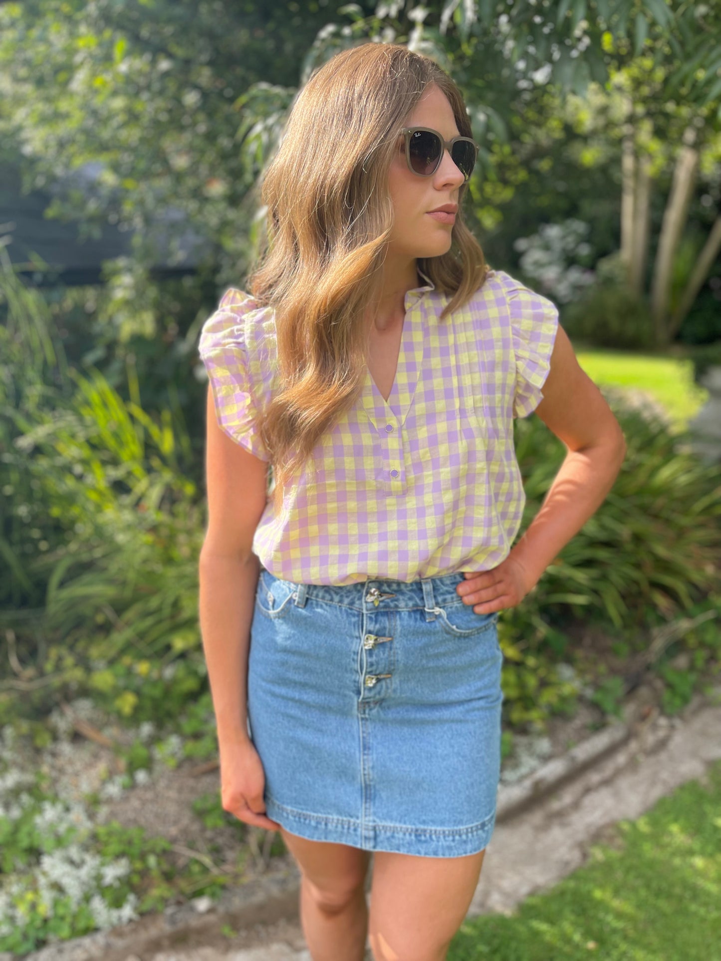 June gingham chequered purple top