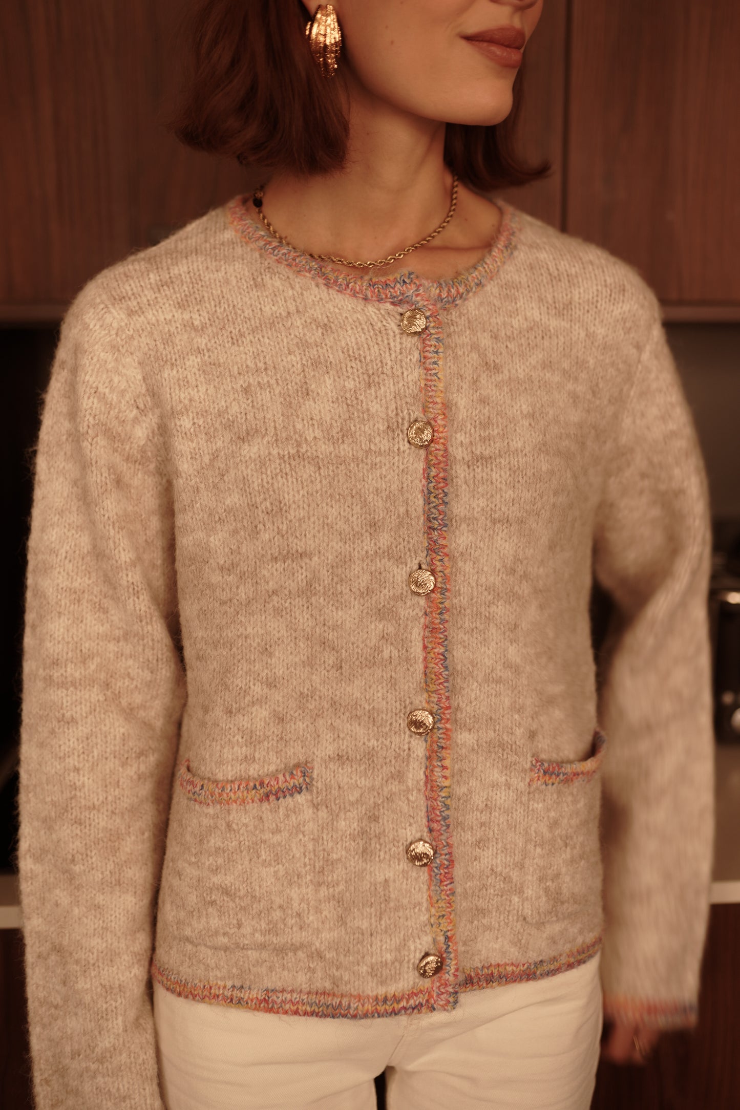 Tilly beige rainbow trim cardigan