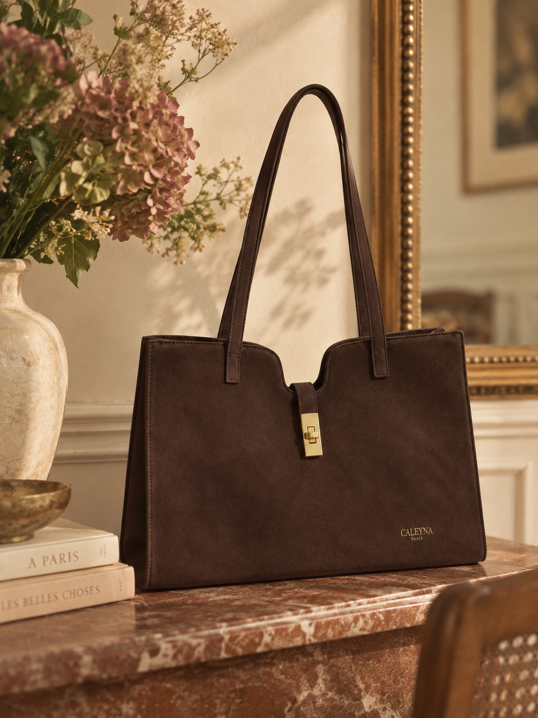 Faux suede chocolate brown handbag
