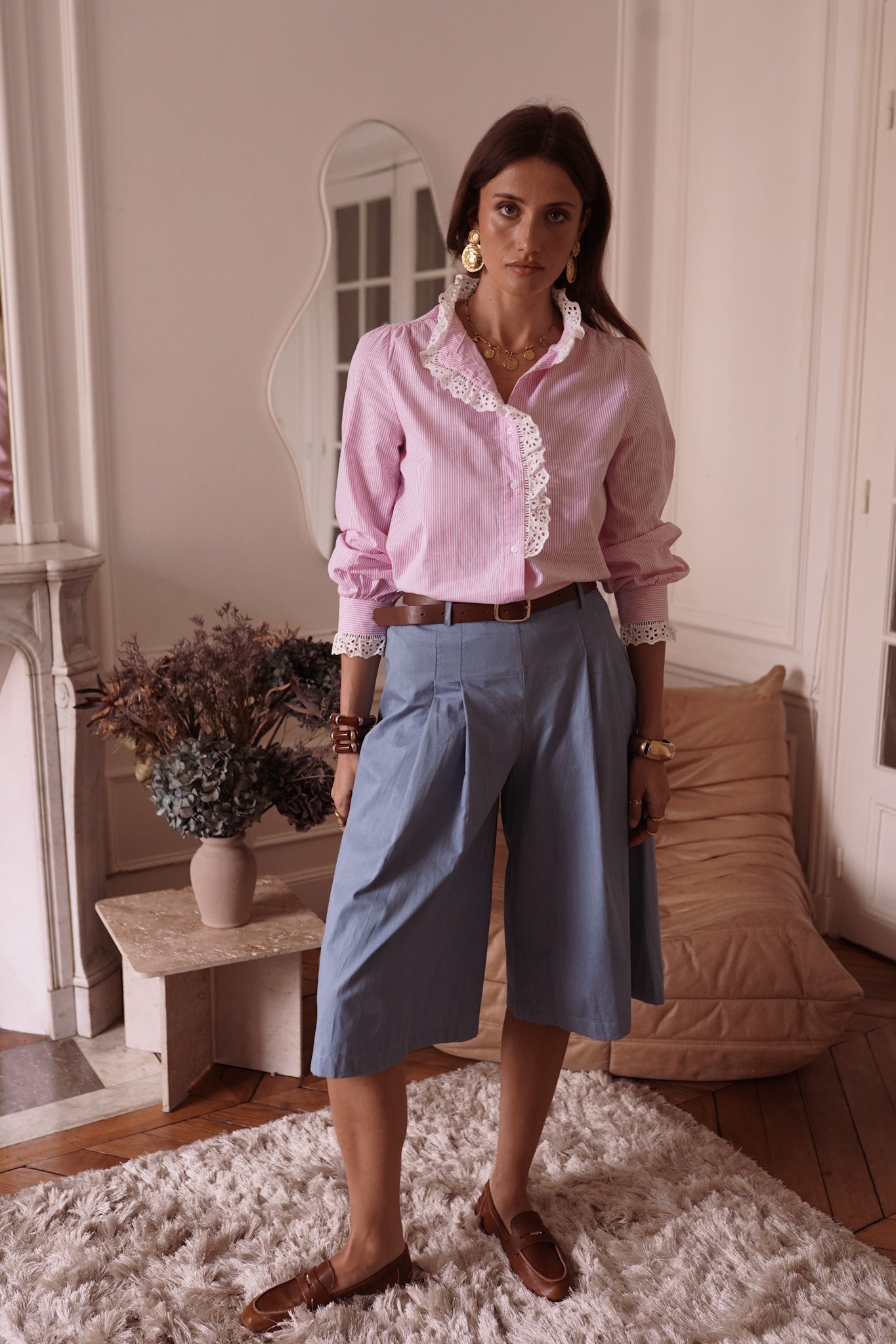 Margot pink stripe lace ruffle blouse