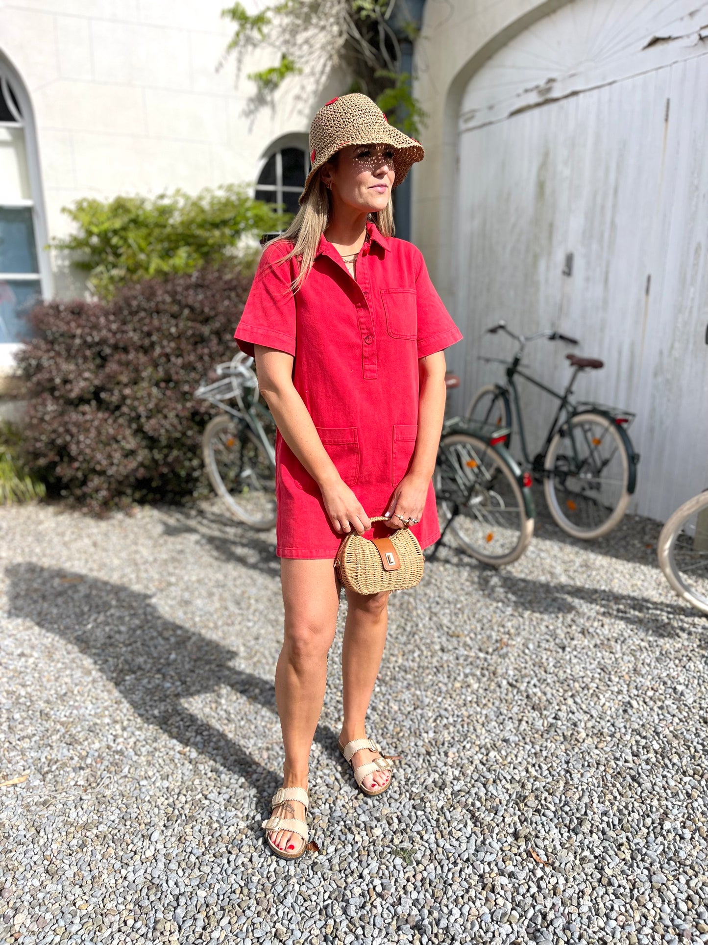 India red denim shift dress