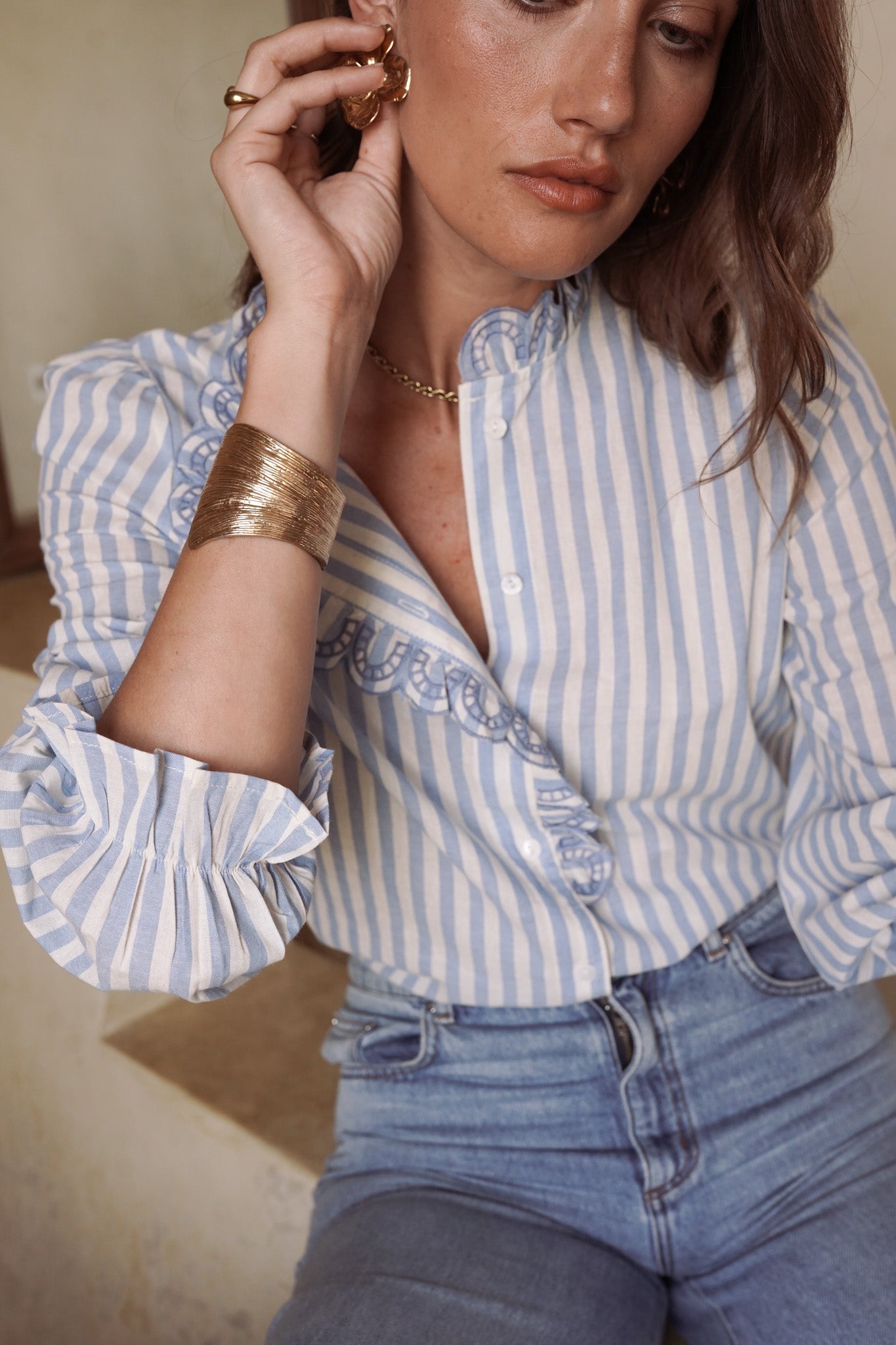 Rosalie pale blue stripe ruffle blouse
