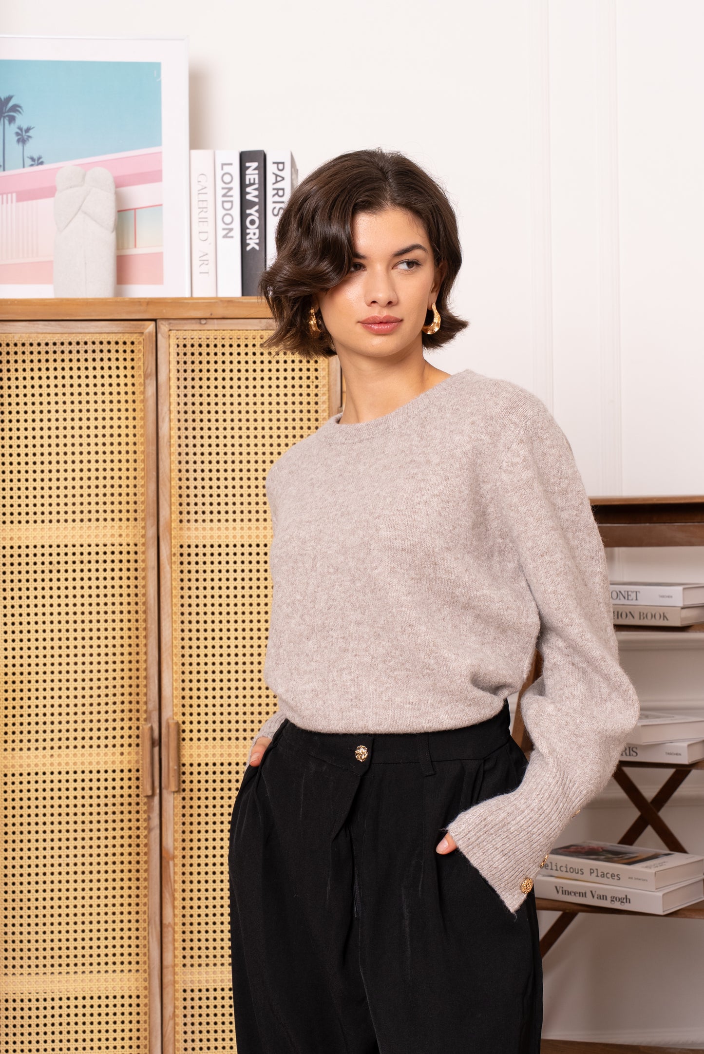 Lauren taupe fluffy jumper with sleeve gold buttons