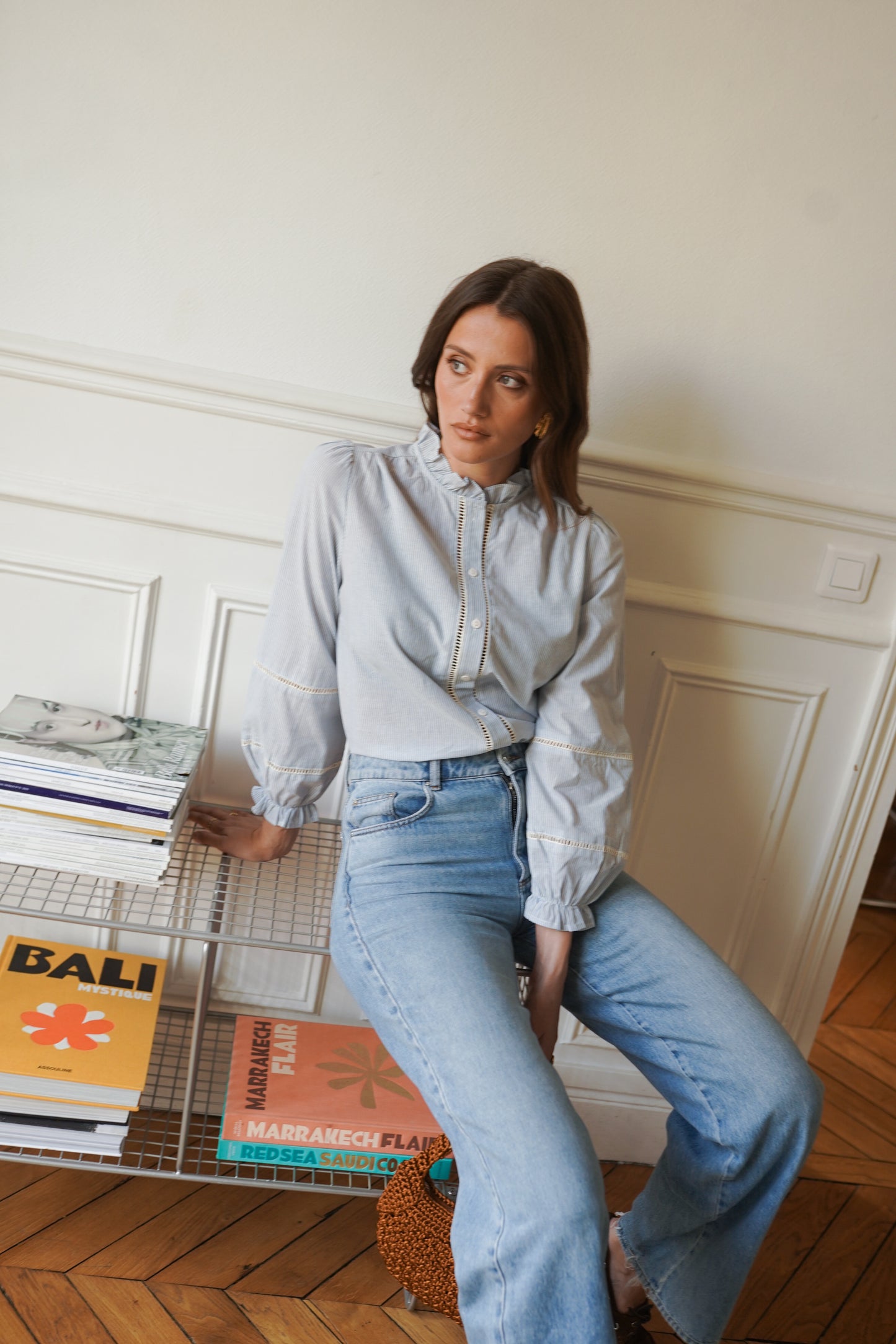 Erica blue striped ruffle trim collar blouse