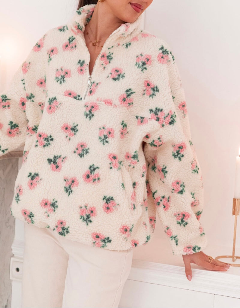Fern pink floral Sherpa half zip fleece
