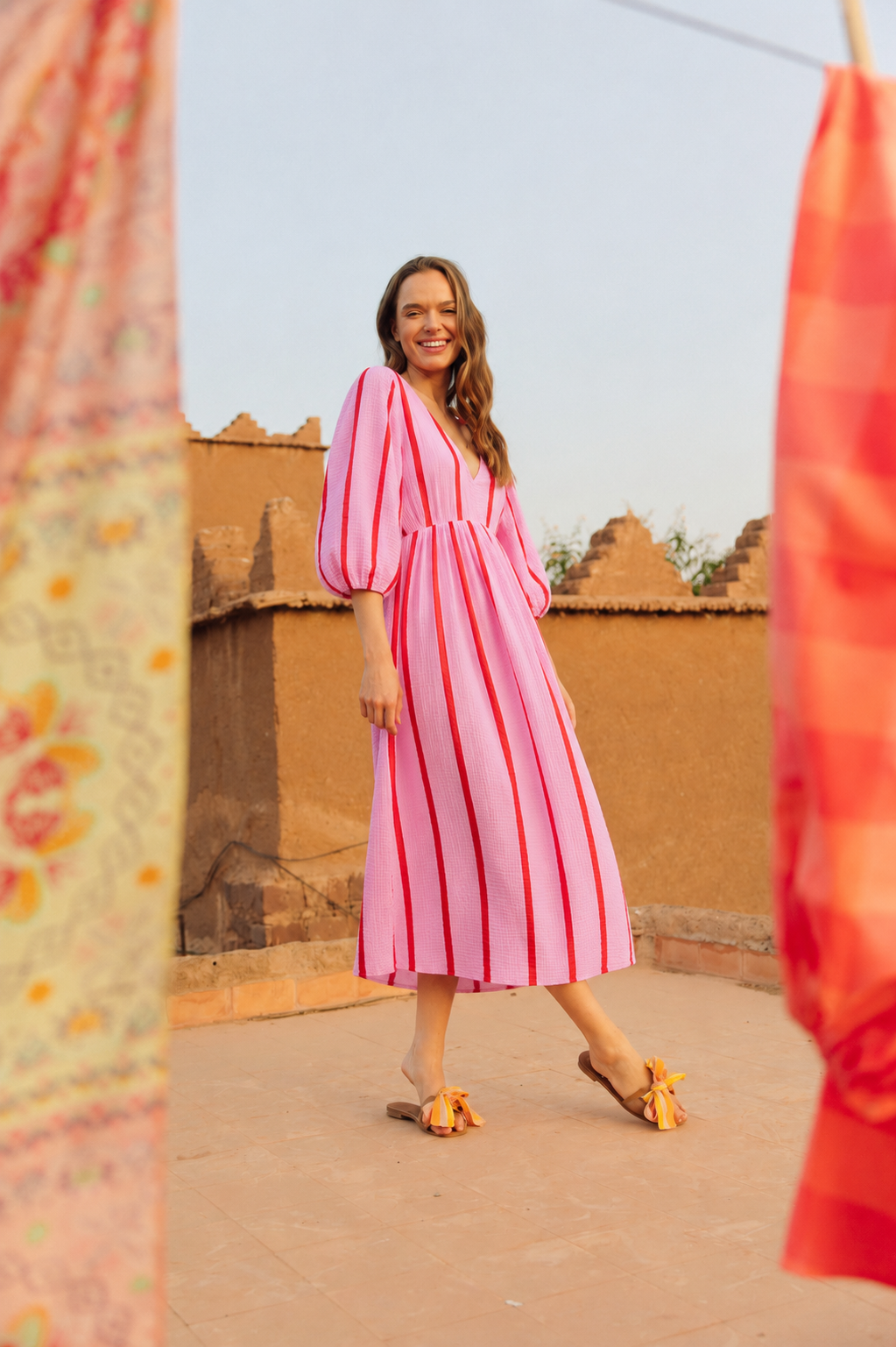 Fern cheesecloth pink and red stripe dress