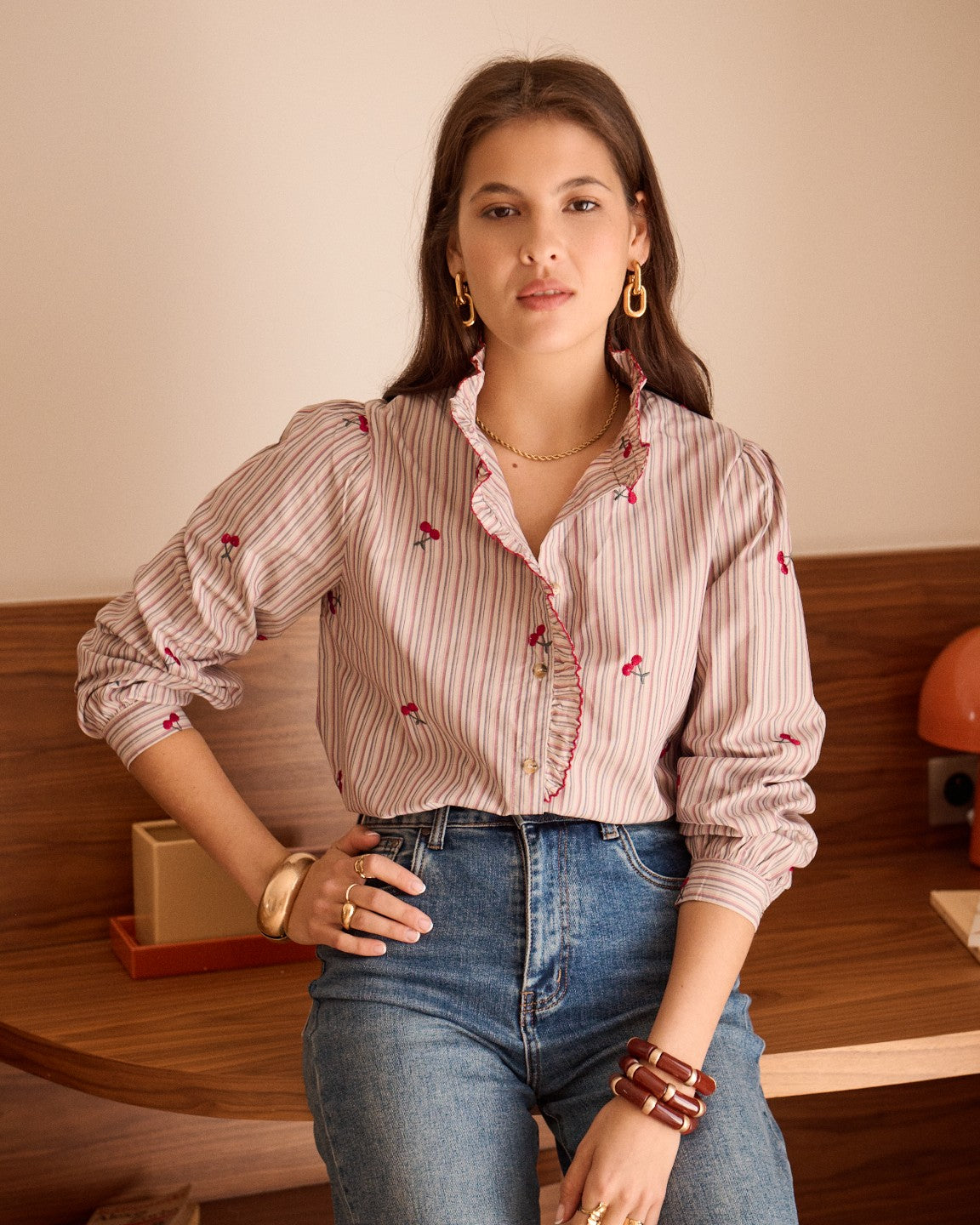 Collette cherry print stripe blouse