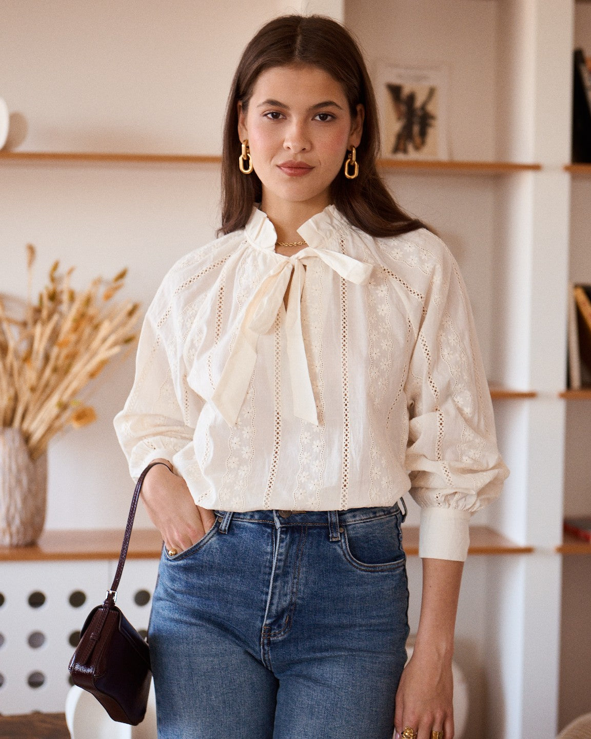 Amelia beige embroidered bow blouse
