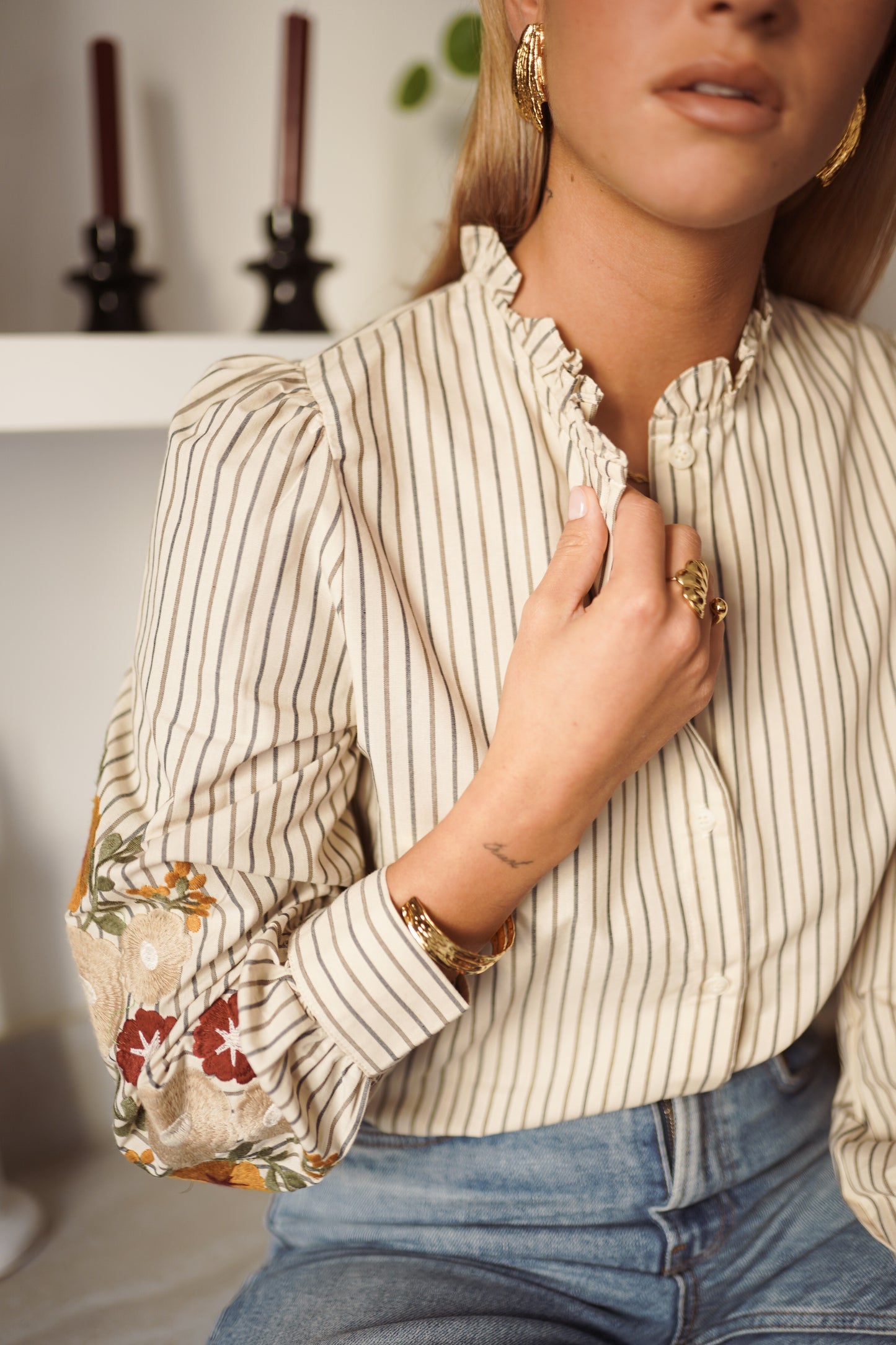 Juliette floral embroidered stripe blouse