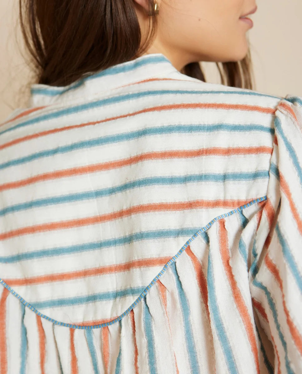 Striped yoke print cotton blouse