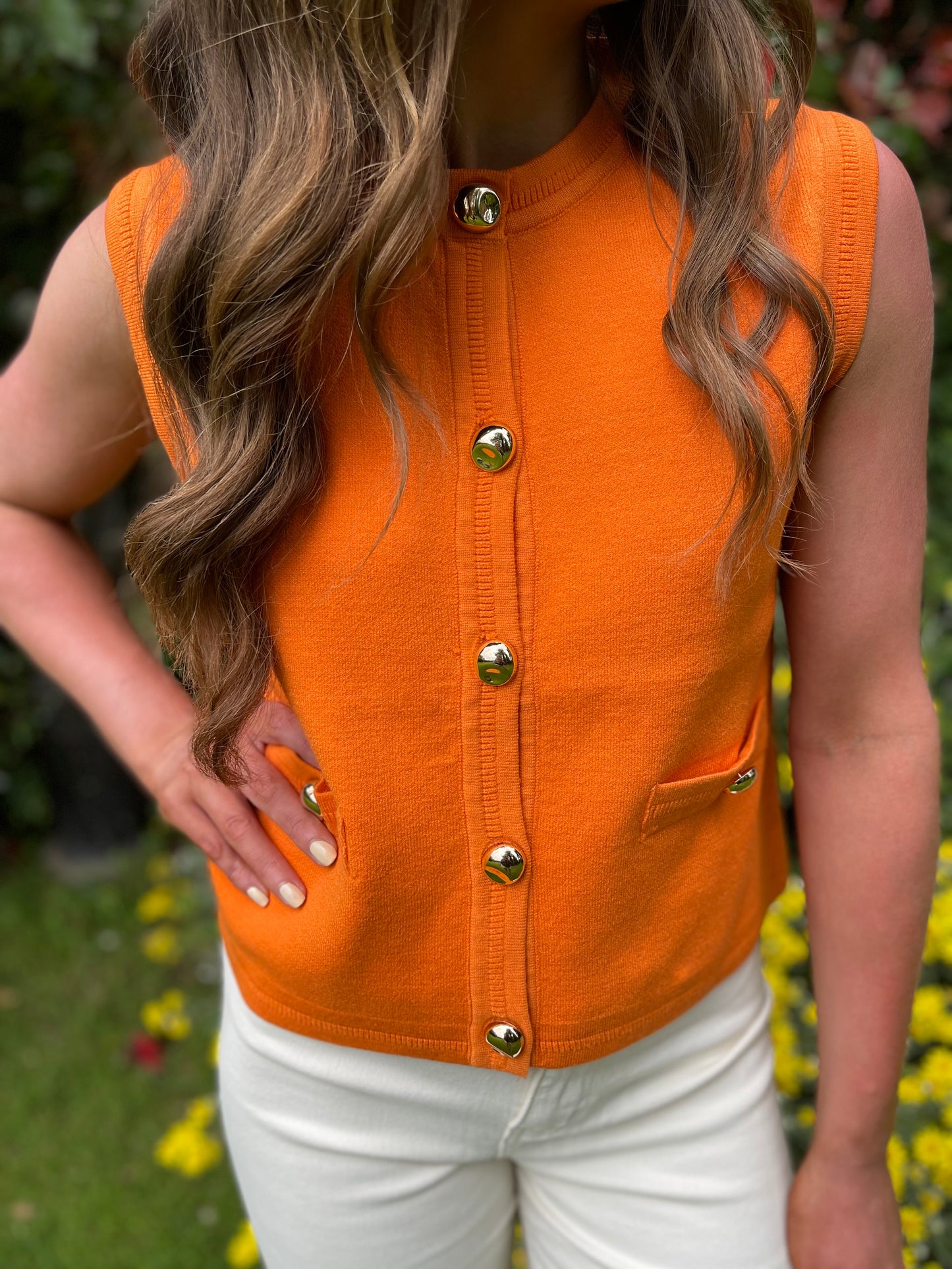 Marie orange gilet with gold buttons