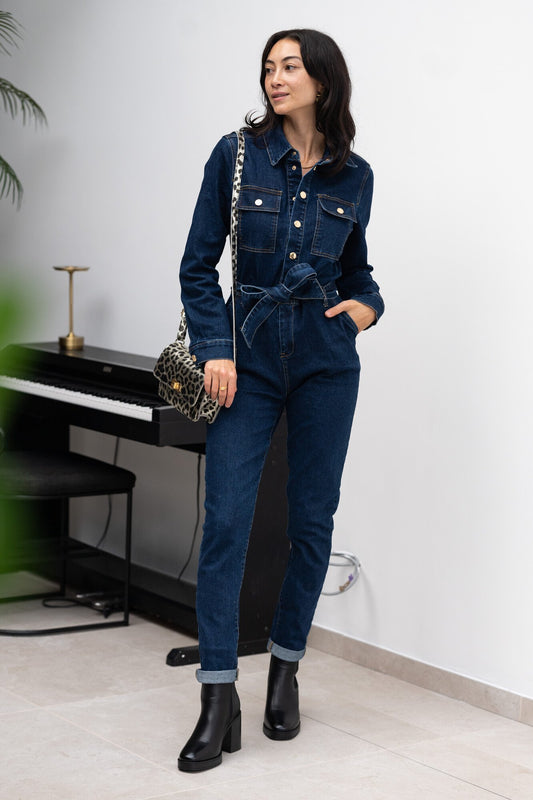 Sydney navy denim gold button jumpsuit