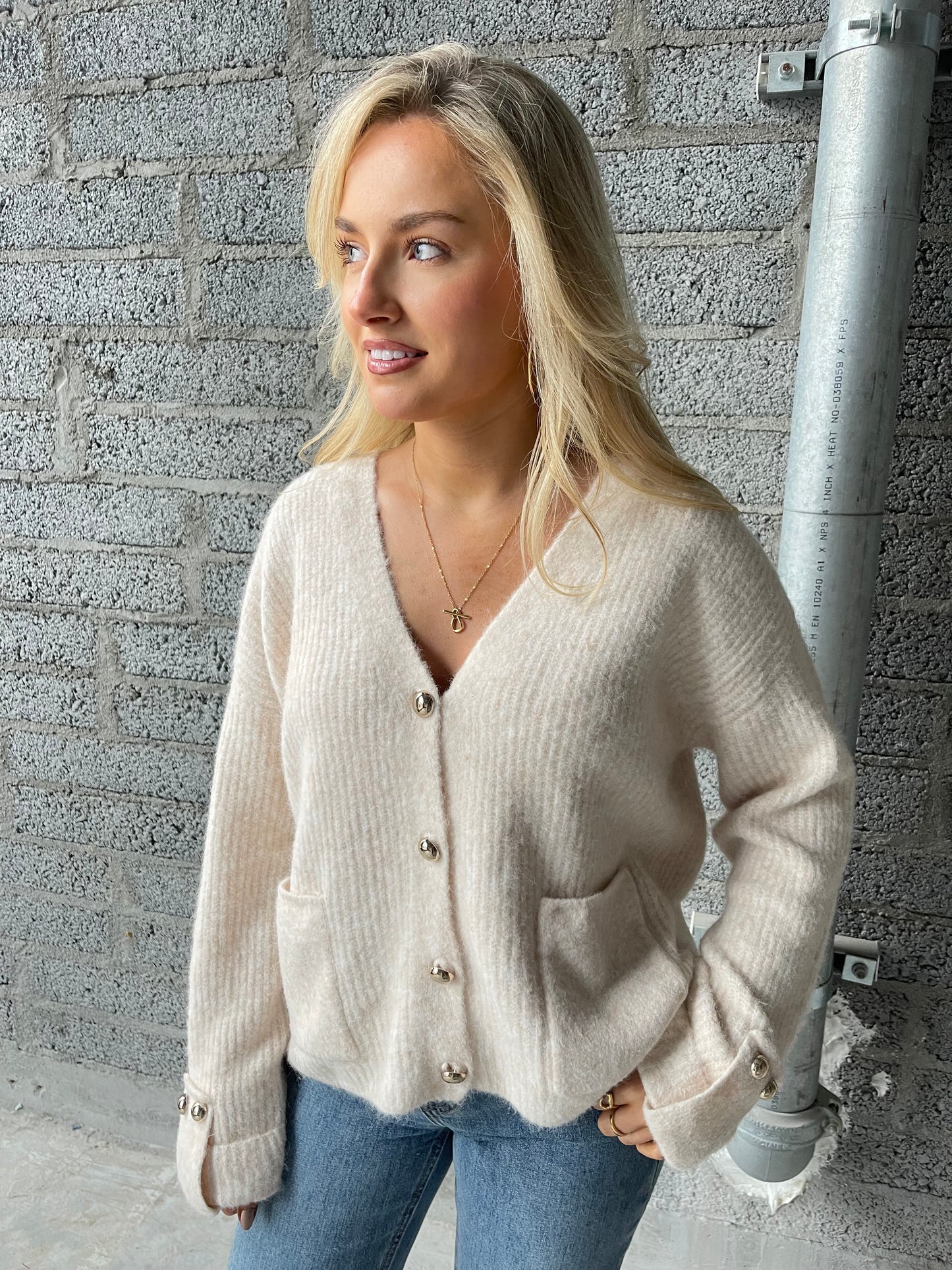 Ellie ecru cardigan with gold buttons