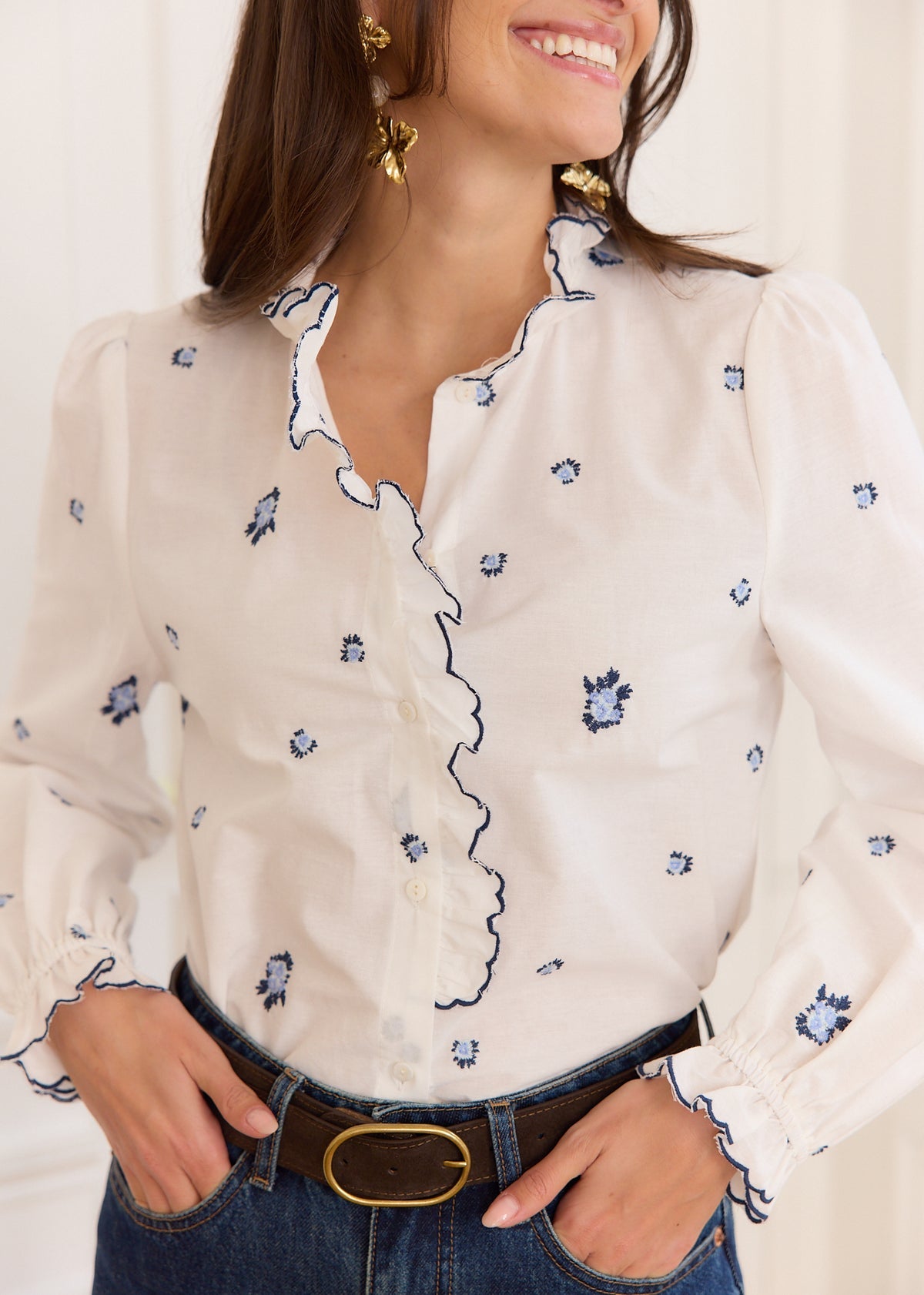 Poppy blue trim white floral blouse