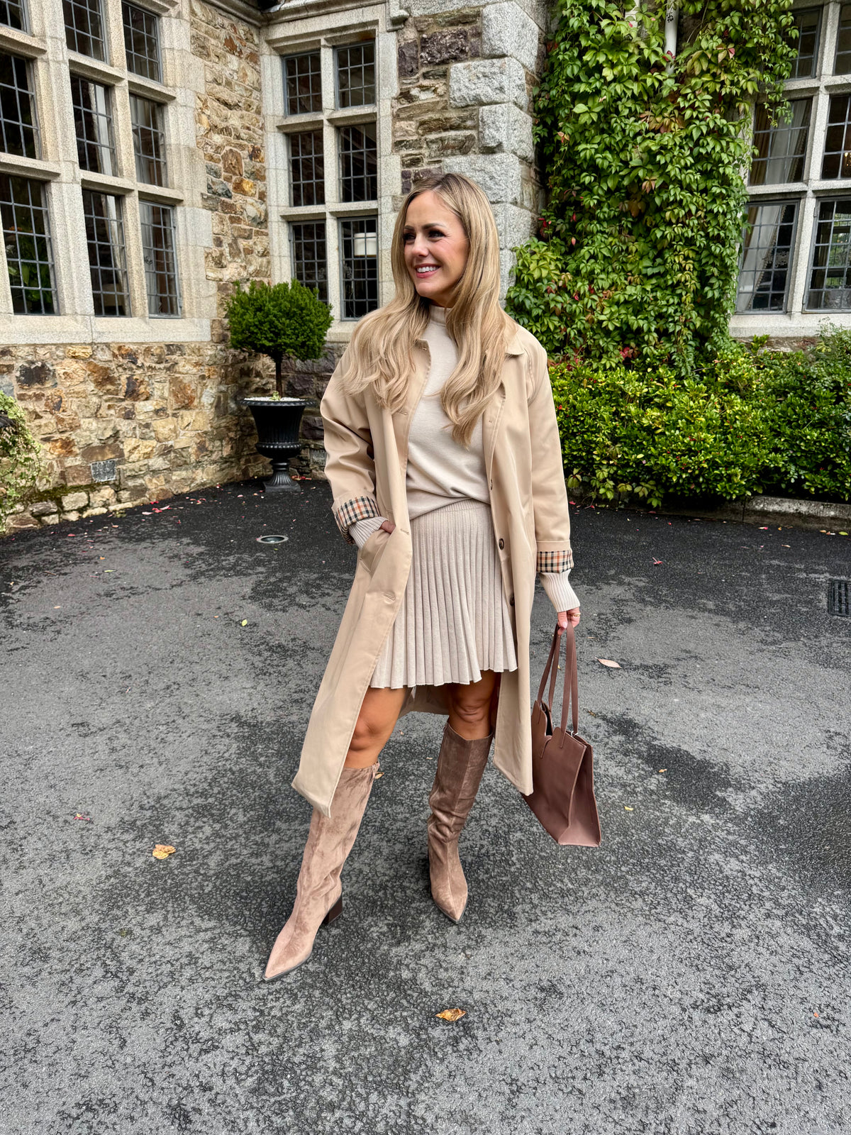 Block heel taupe straight high boots