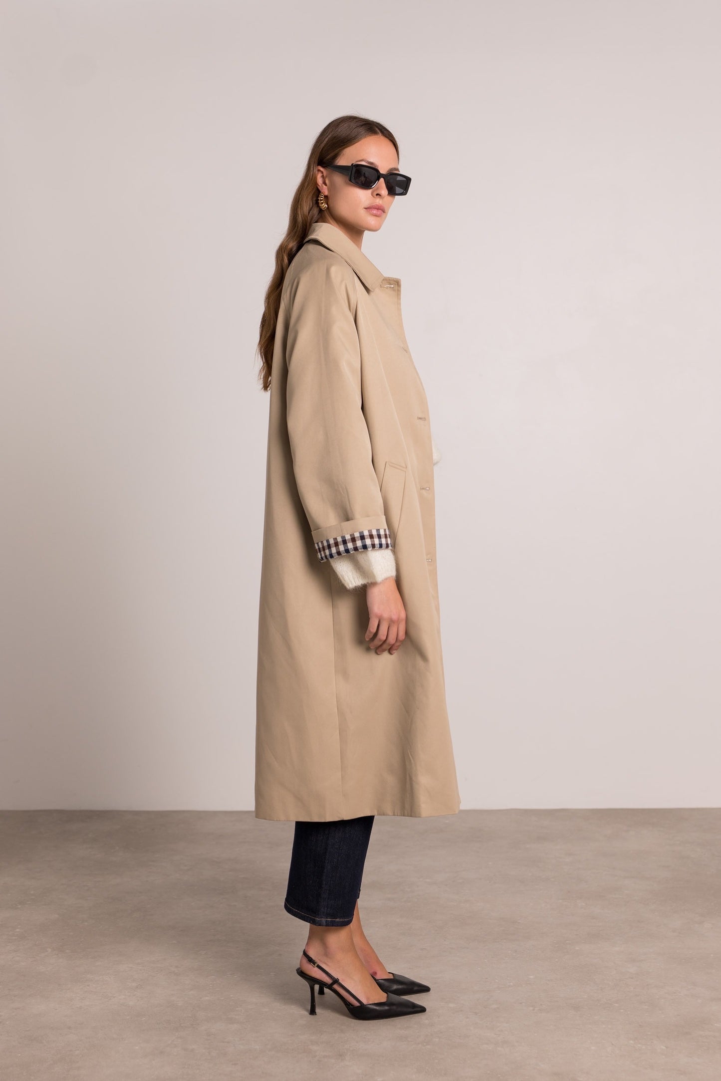 Amelia check cuff beige trench coat