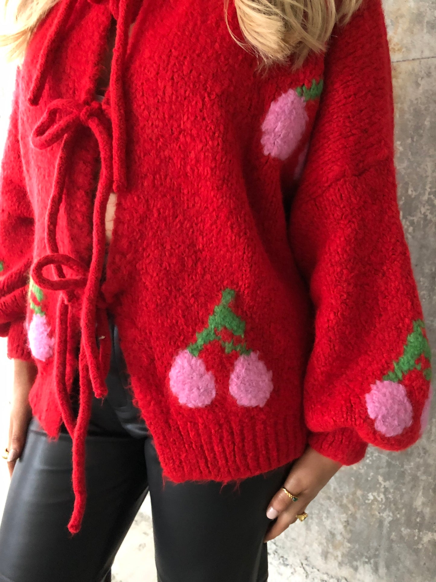 Bella cherry print bow tie red cardigan