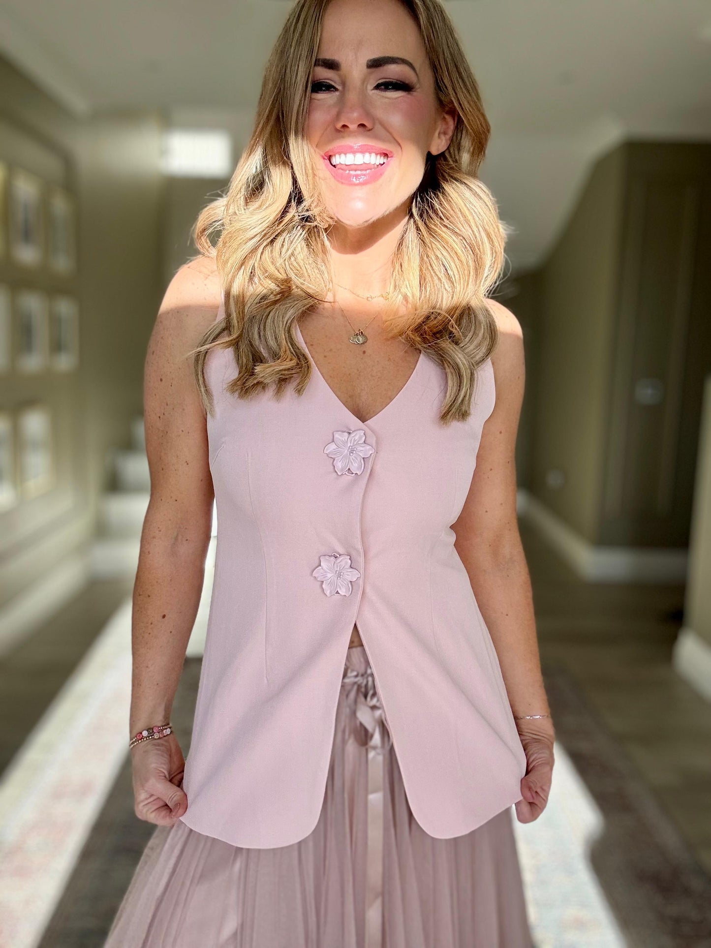 Olivia powder pink floral button waistcoat